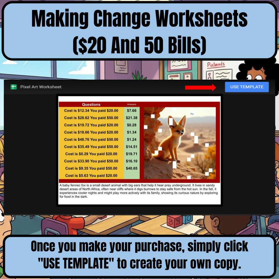 Making Change Worksheets ($20 And 50 Bills) Mystery Picture Worksheet P0055