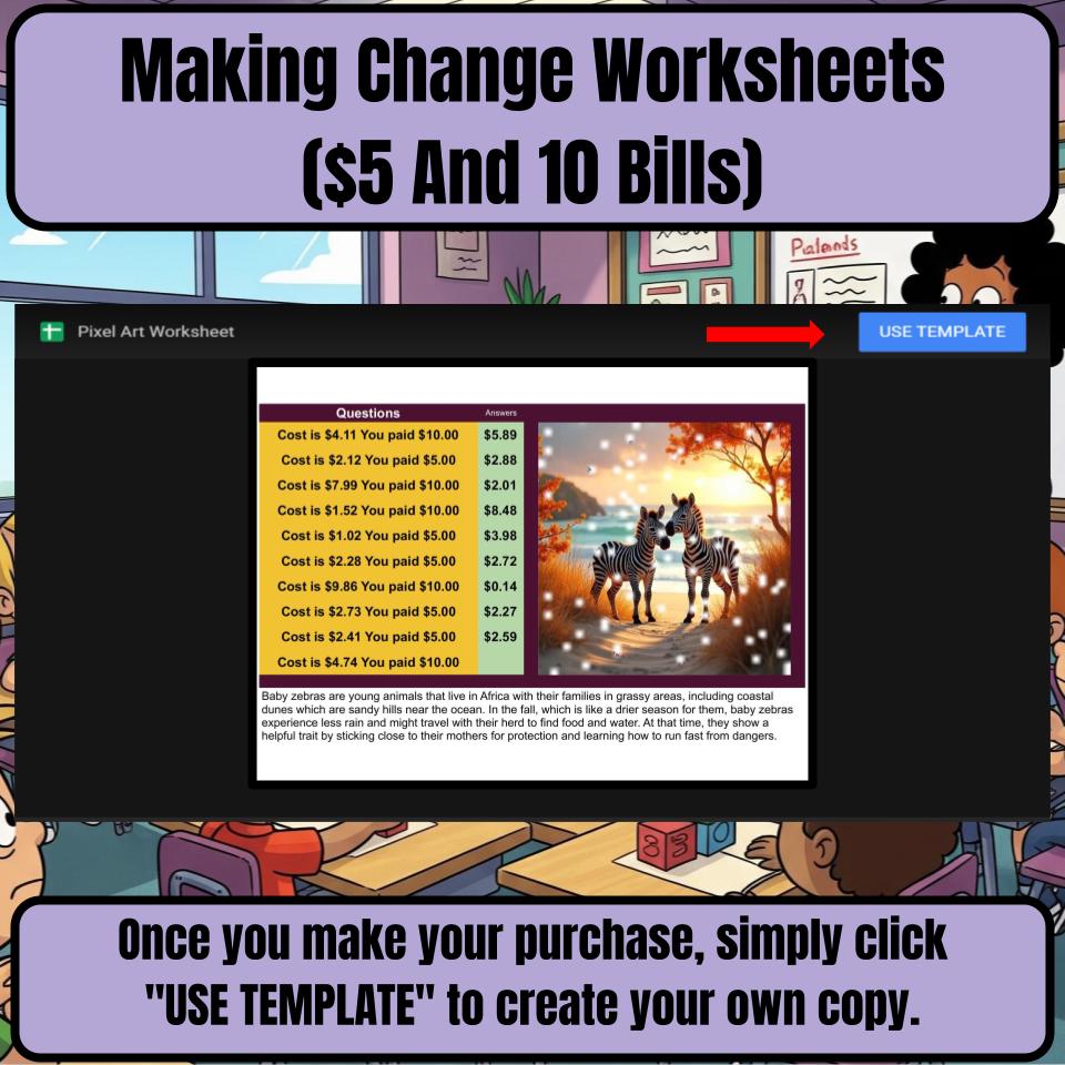 Making Change Worksheets ($5 And 10 Bills) Mystery Picture Worksheet P0056