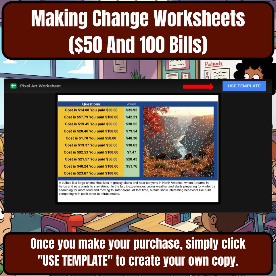 Making Change Worksheets ($50 And 100 Bills) Mystery Picture Worksheet P0057