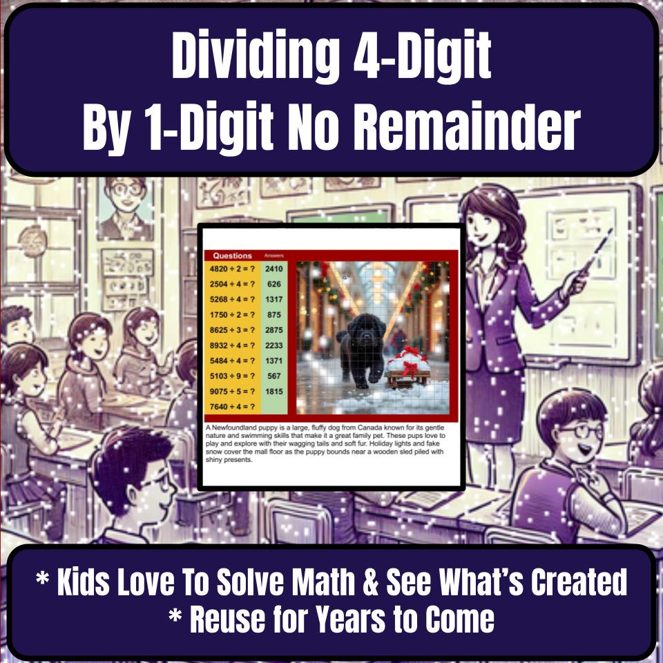 Dividing 4-Digit By 1-Digit No Remainder Mystery Picture Worksheet P0102