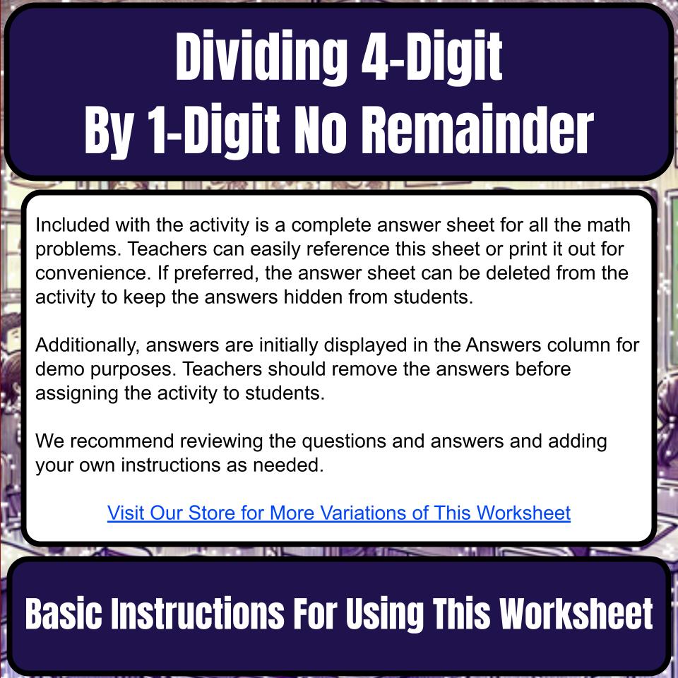 Dividing 4-Digit By 1-Digit No Remainder Mystery Picture Worksheet P0102