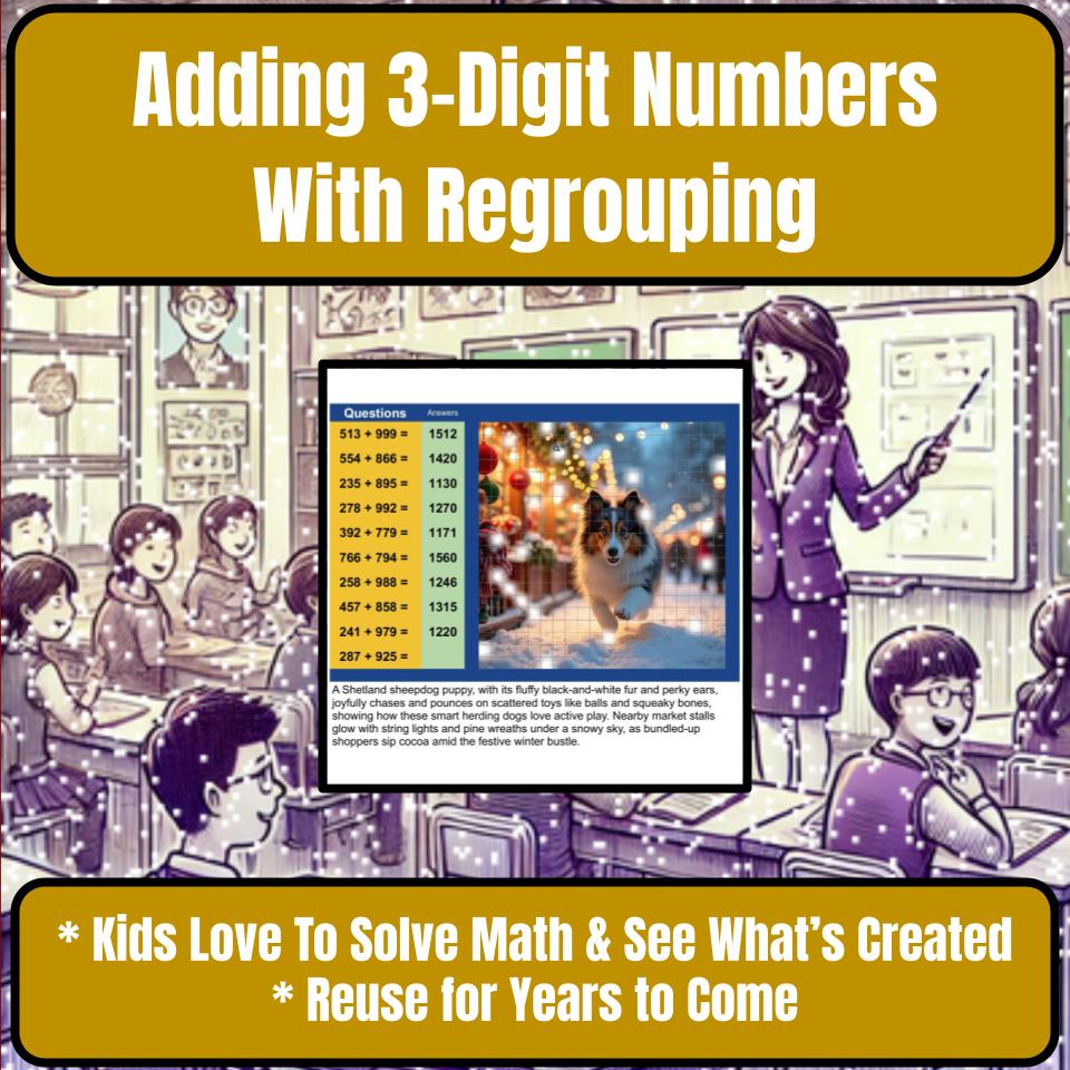 Adding 3-Digit Numbers With Regrouping Mystery Picture Activity Worksheet P0107