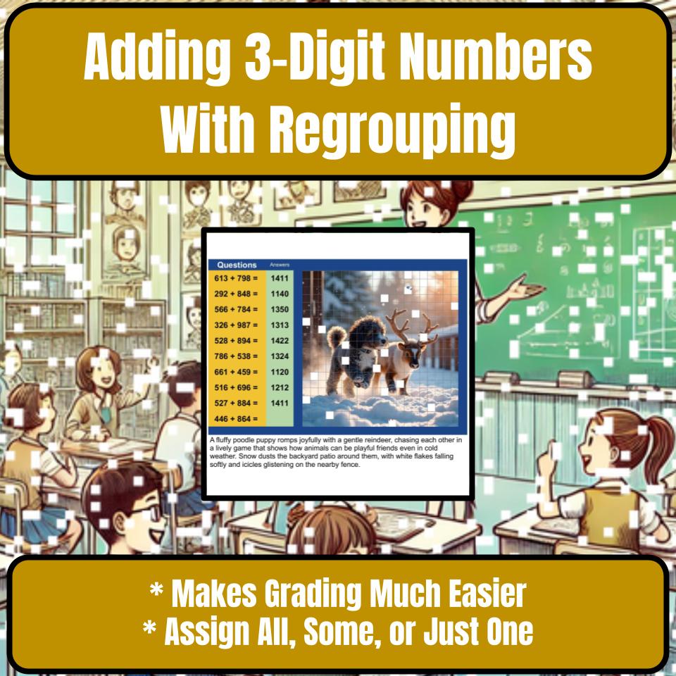 Adding 3-Digit Numbers With Regrouping Mystery Picture Activity Worksheet P0107