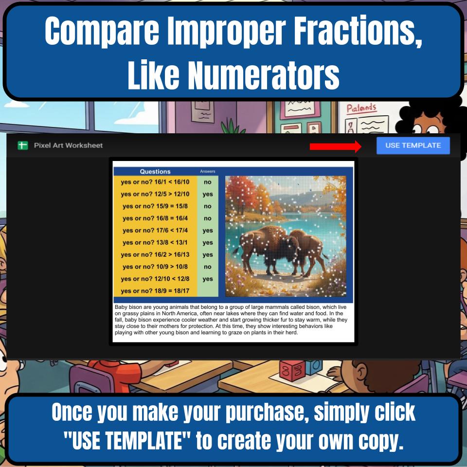Compare Improper Fractions, Like Numerators Mystery Picture P0113