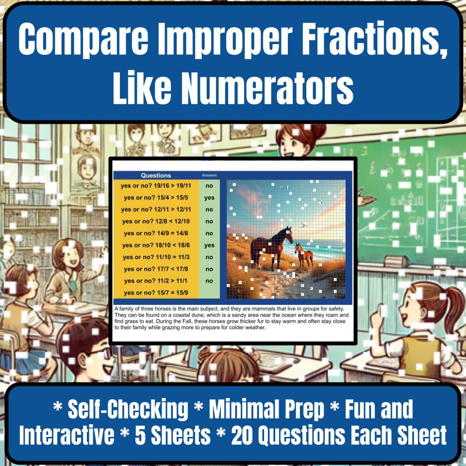 Compare Improper Fractions, Like Numerators Mystery Picture P0113