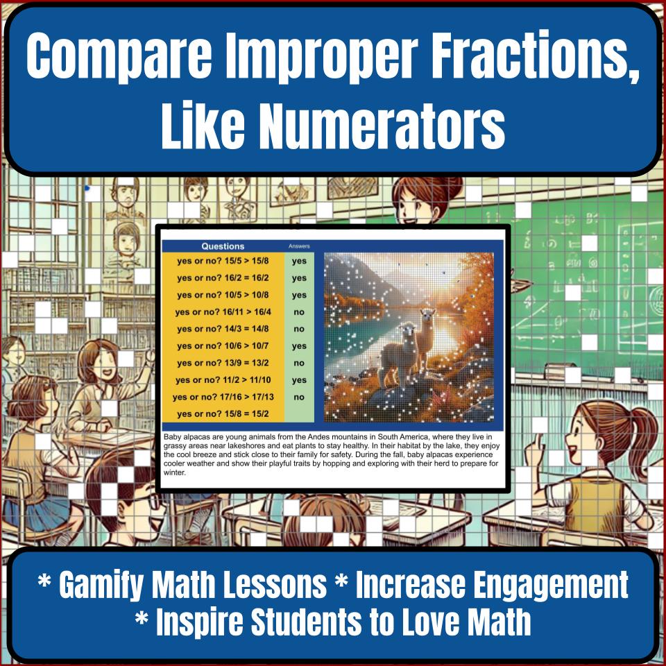 Compare Improper Fractions, Like Numerators Mystery Picture P0113