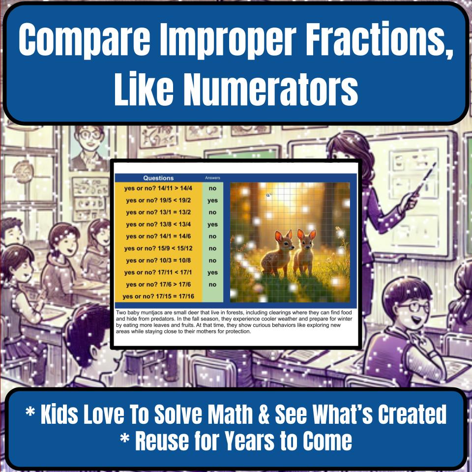 Compare Improper Fractions, Like Numerators Mystery Picture P0113