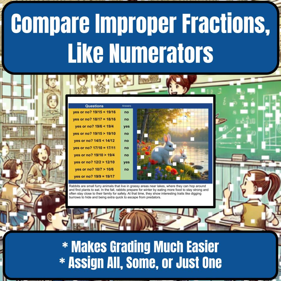 Compare Improper Fractions, Like Numerators Mystery Picture P0113