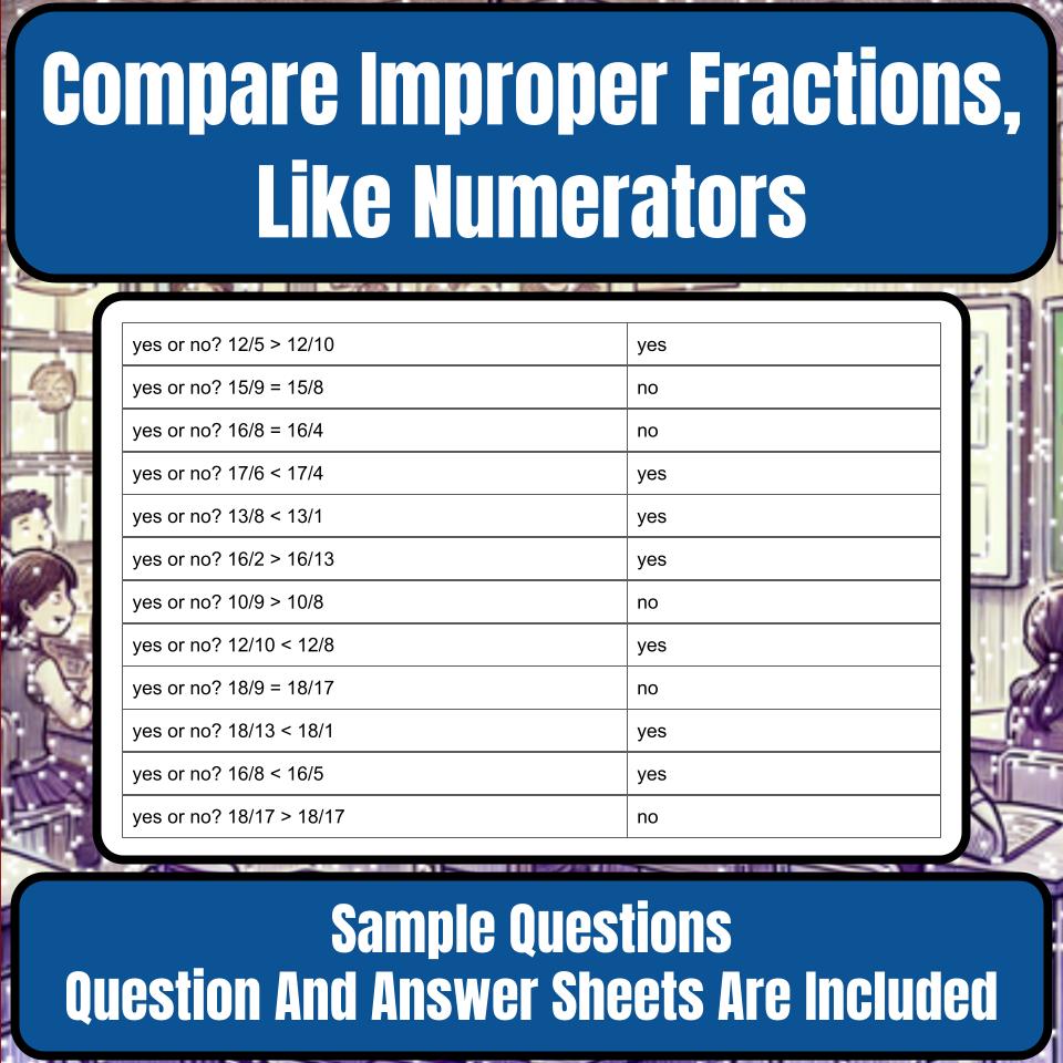 Compare Improper Fractions, Like Numerators Mystery Picture P0113