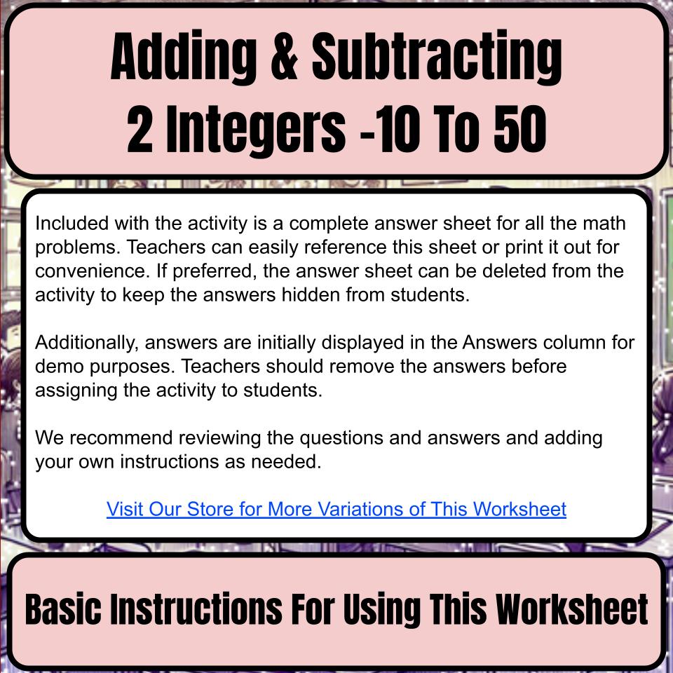 Adding & Subtracting 2 Integers −10 To 50 Mystery Picture Worksheet P0115