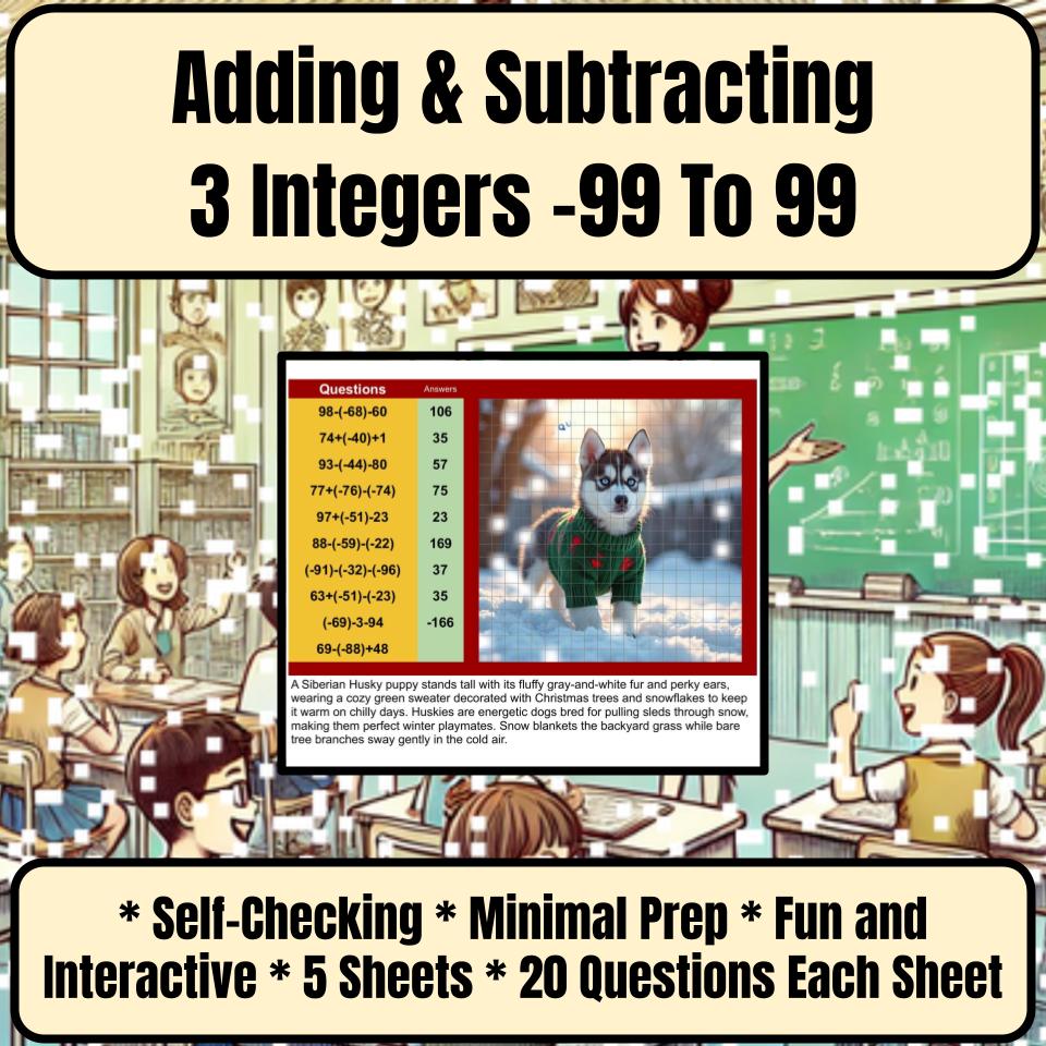 Adding & Subtracting 3 Integers −99 To 99 Mystery Picture Worksheet P0117