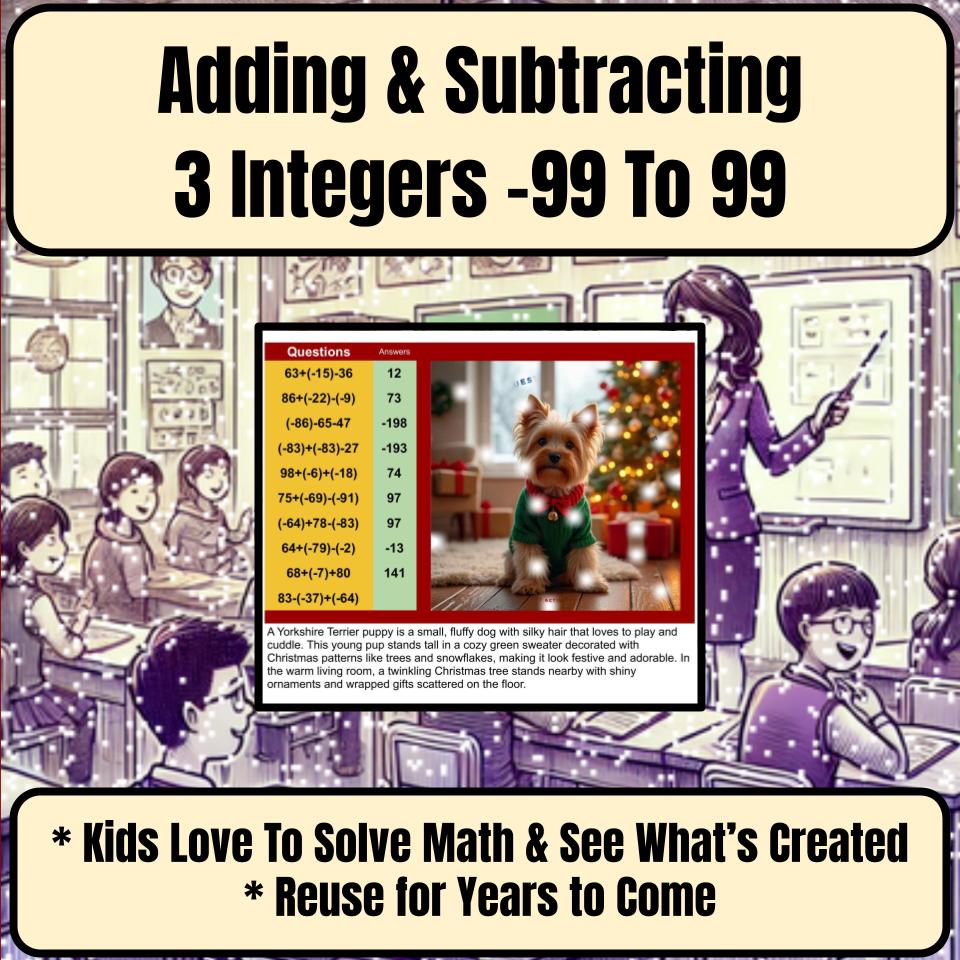 Adding & Subtracting 3 Integers −99 To 99 Mystery Picture Worksheet P0117