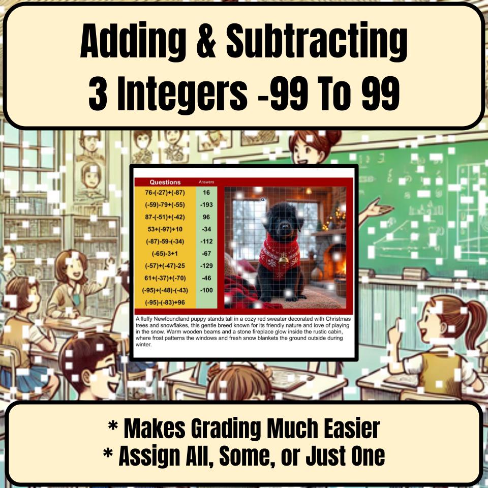 Adding & Subtracting 3 Integers −99 To 99 Mystery Picture Worksheet P0117