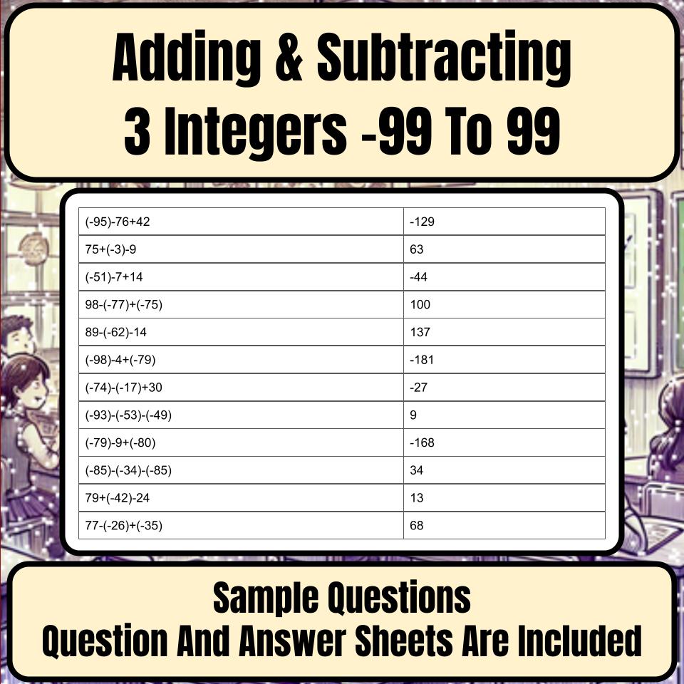 Adding & Subtracting 3 Integers −99 To 99 Mystery Picture Worksheet P0117