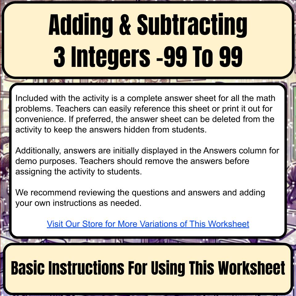 Adding & Subtracting 3 Integers −99 To 99 Mystery Picture Worksheet P0117