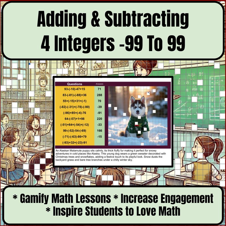 Adding & Subtracting 4 Integers −99 To 99 Mystery Picture Worksheet P0118