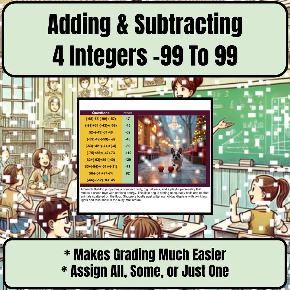 Adding & Subtracting 4 Integers −99 To 99 Mystery Picture Worksheet P0118