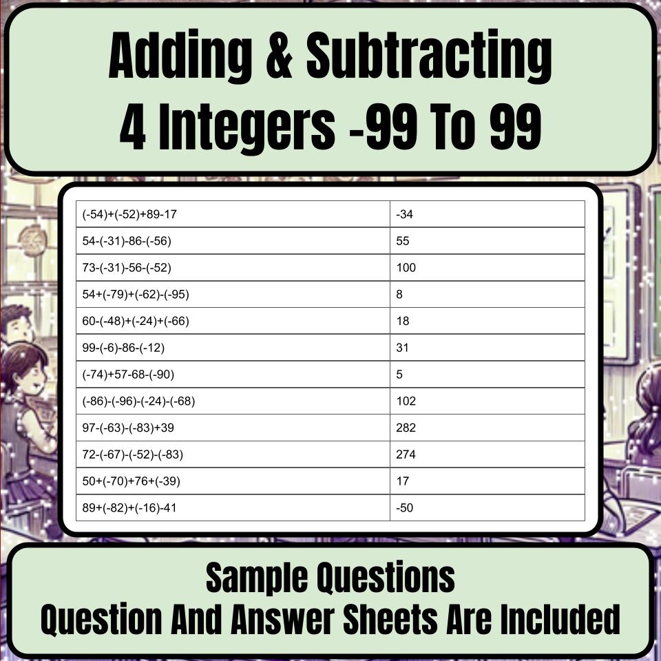 Adding & Subtracting 4 Integers −99 To 99 Mystery Picture Worksheet P0118