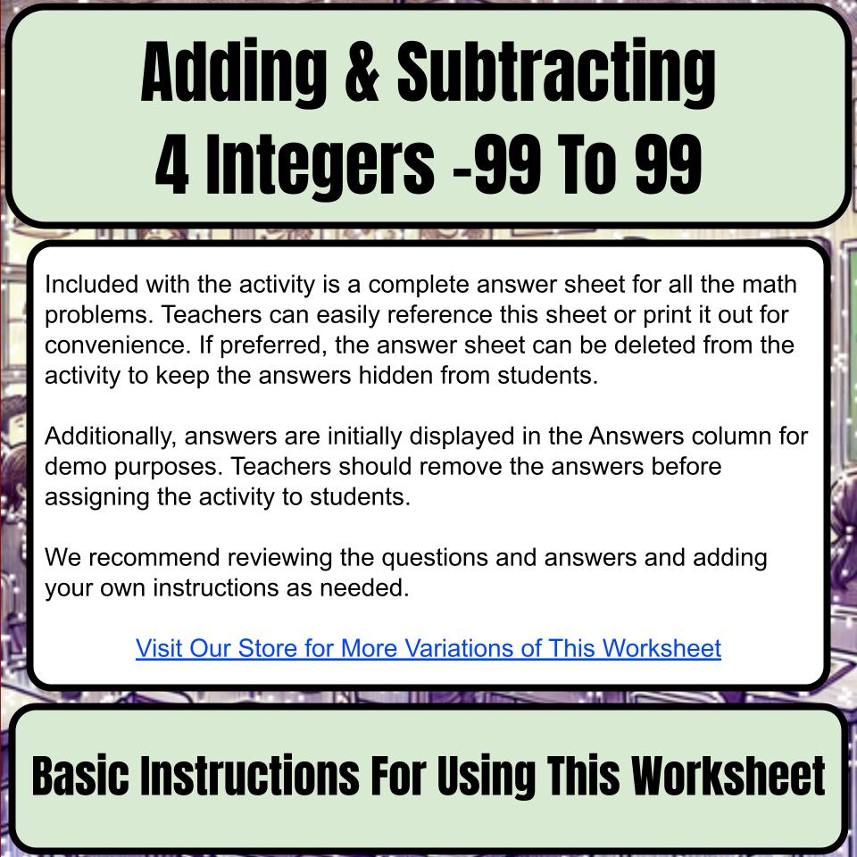Adding & Subtracting 4 Integers −99 To 99 Mystery Picture Worksheet P0118