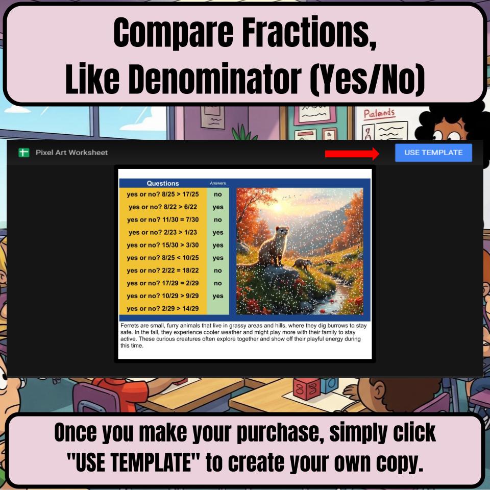 Compare Fractions, Like Denominator (Yes/No) Mystery Picture Worksheet P0125