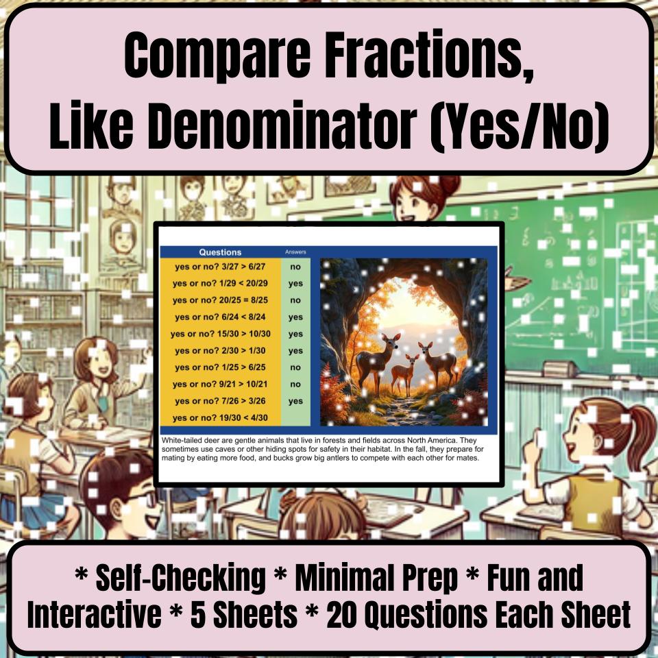 Compare Fractions, Like Denominator (Yes/No) Mystery Picture Worksheet P0125