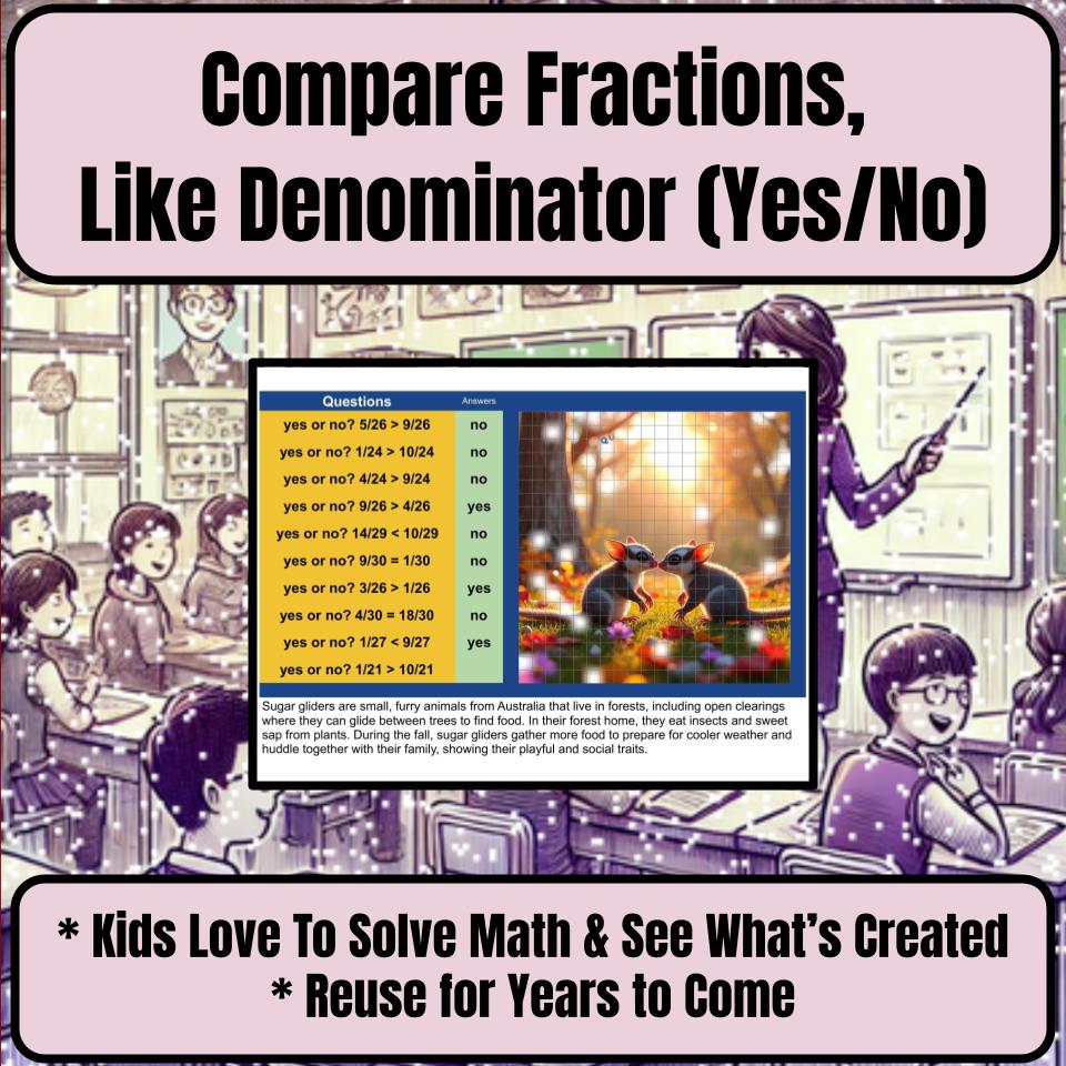 Compare Fractions, Like Denominator (Yes/No) Mystery Picture Worksheet P0125