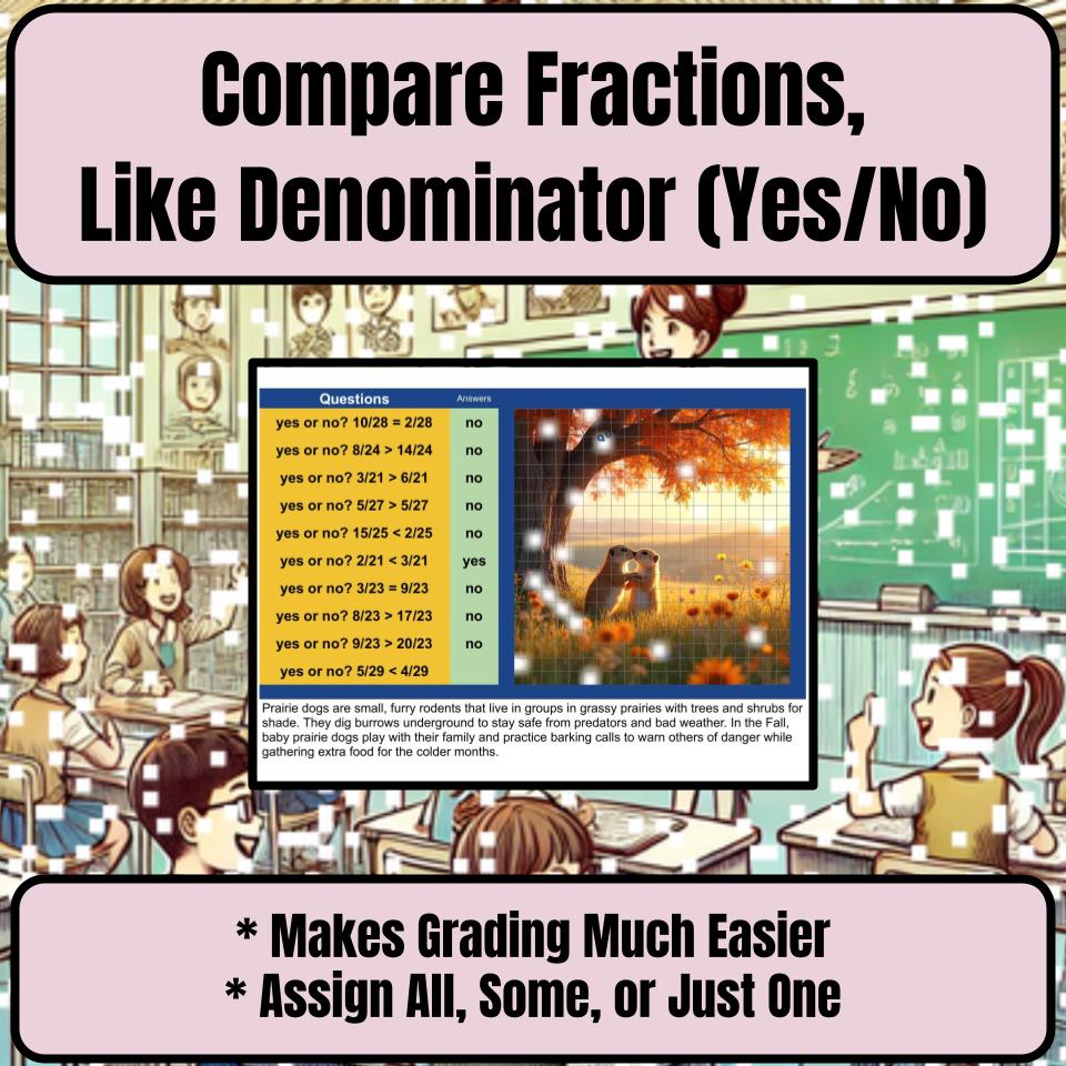 Compare Fractions, Like Denominator (Yes/No) Mystery Picture Worksheet P0125