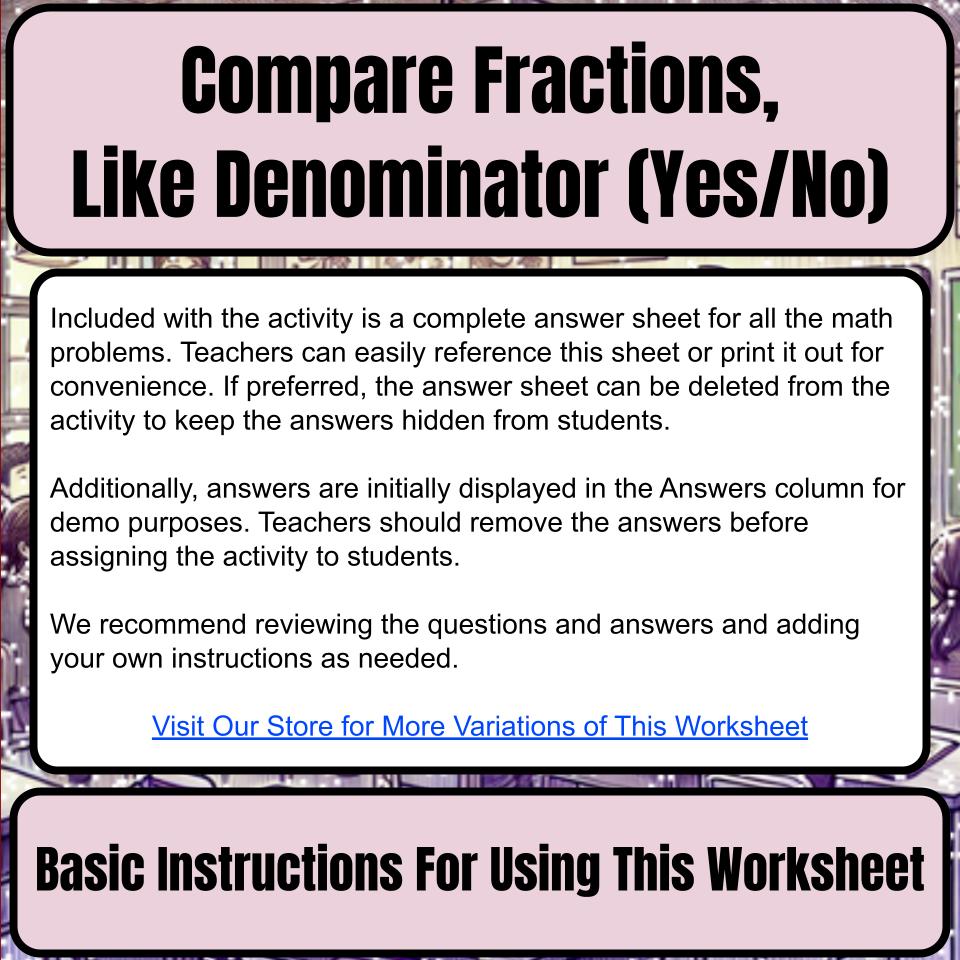 Compare Fractions, Like Denominator (Yes/No) Mystery Picture Worksheet P0125