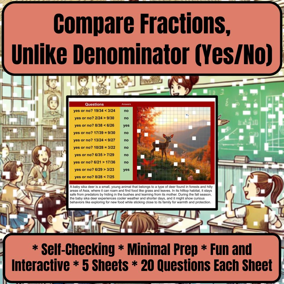 Compare Fractions, Unlike Denominator (Yes/No) Mystery Picture Worksheet P0126