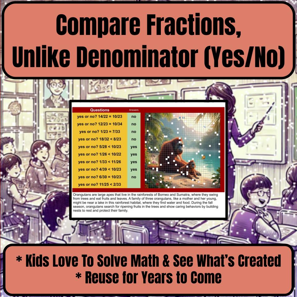 Compare Fractions, Unlike Denominator (Yes/No) Mystery Picture Worksheet P0126