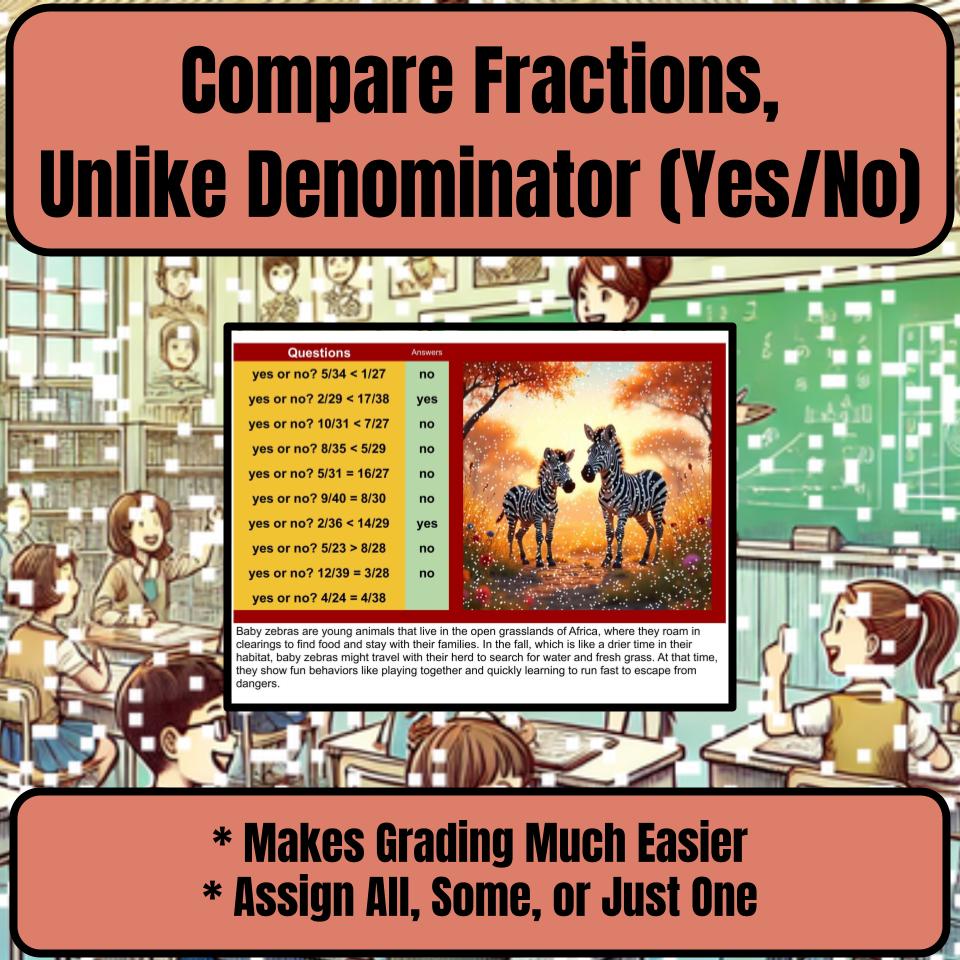 Compare Fractions, Unlike Denominator (Yes/No) Mystery Picture Worksheet P0126