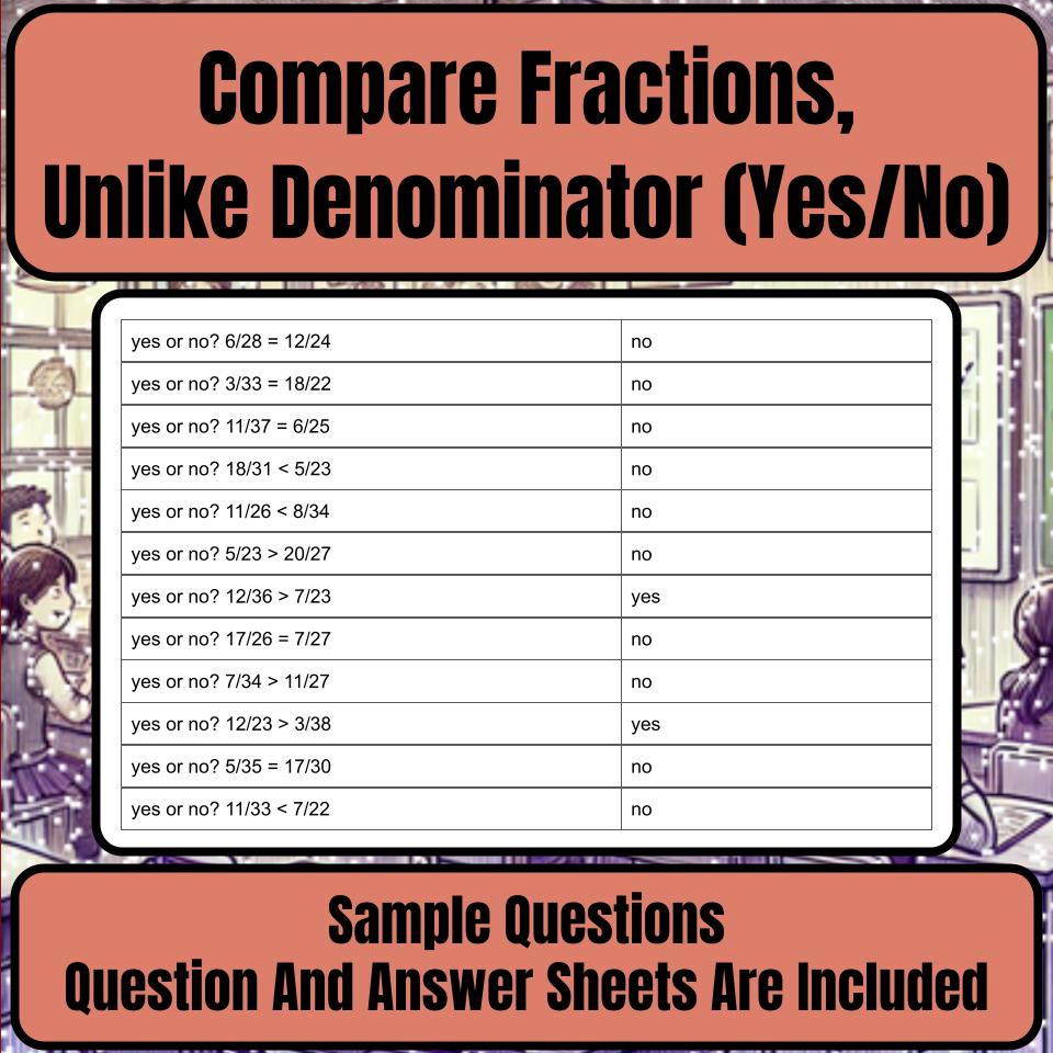 Compare Fractions, Unlike Denominator (Yes/No) Mystery Picture Worksheet P0126