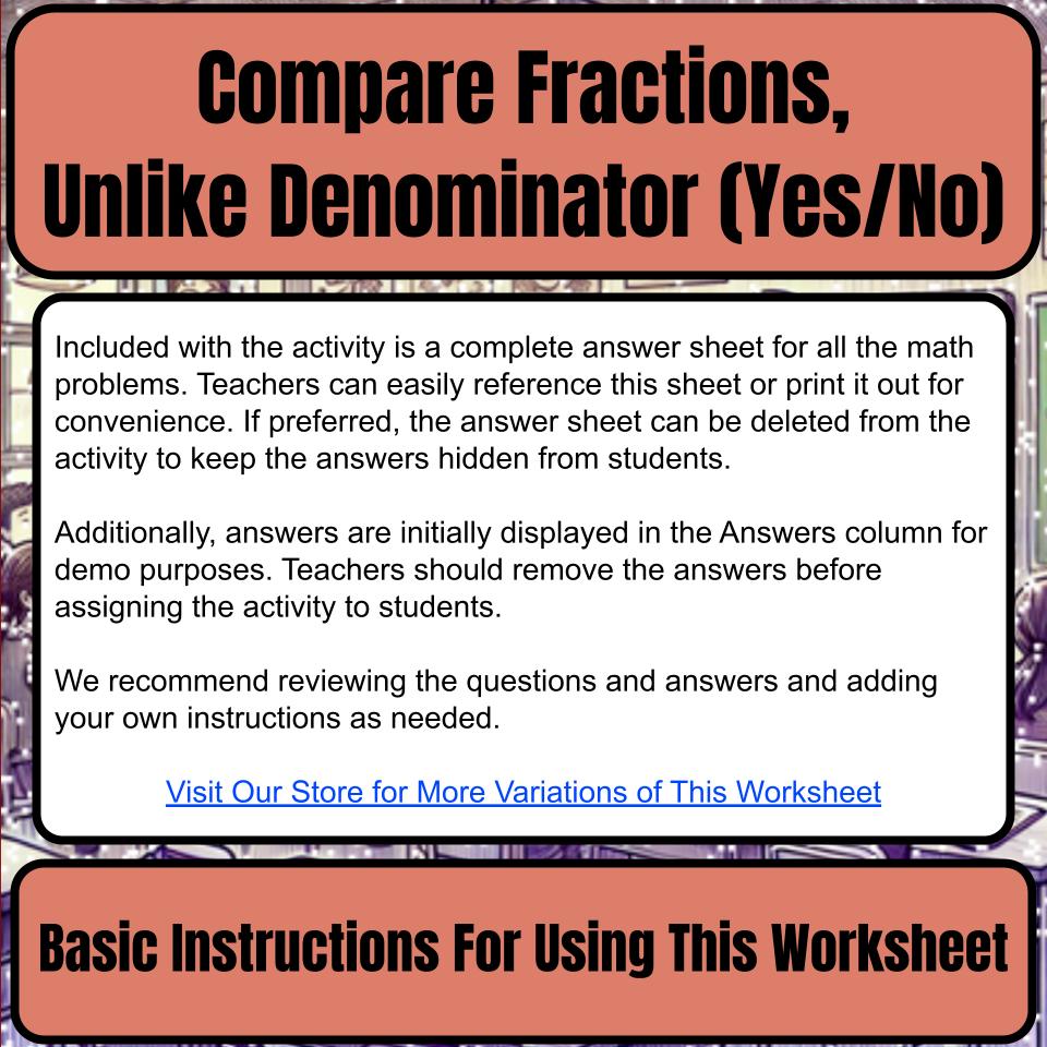 Compare Fractions, Unlike Denominator (Yes/No) Mystery Picture Worksheet P0126