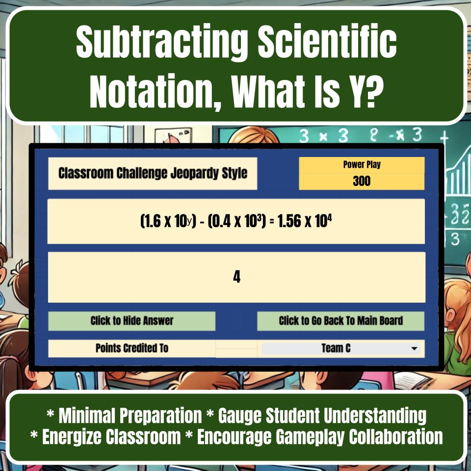 Jeopardy Subtracting Scientific Notation, What Is Y? Math Review Activity I0017