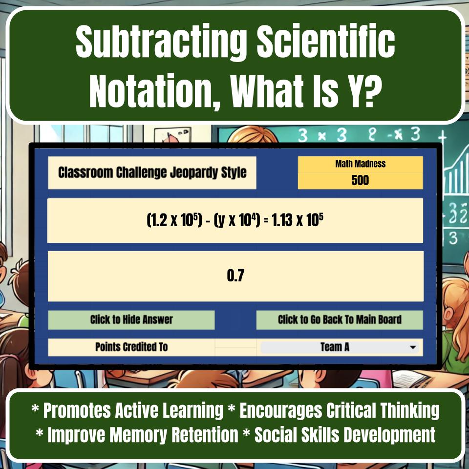 Jeopardy Subtracting Scientific Notation, What Is Y? Math Review Activity I0017