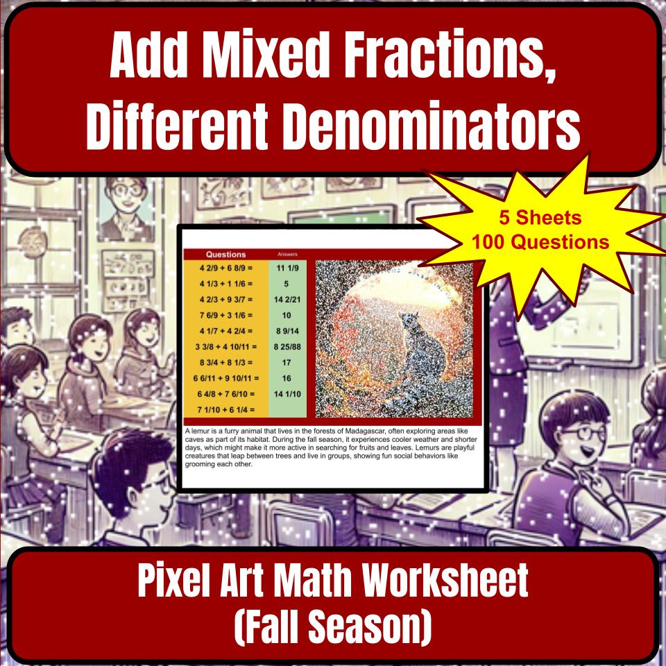 Add Mixed Fractions, Different Denominators Mystery Picture P0185
