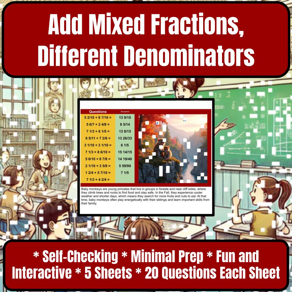 Add Mixed Fractions, Different Denominators Mystery Picture P0185