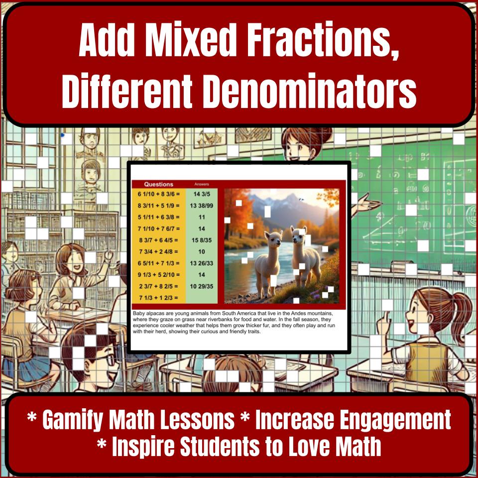 Add Mixed Fractions, Different Denominators Mystery Picture P0185