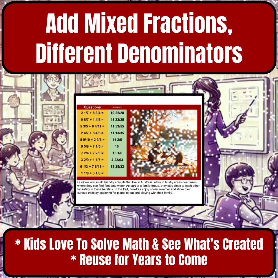 Add Mixed Fractions, Different Denominators Mystery Picture P0185