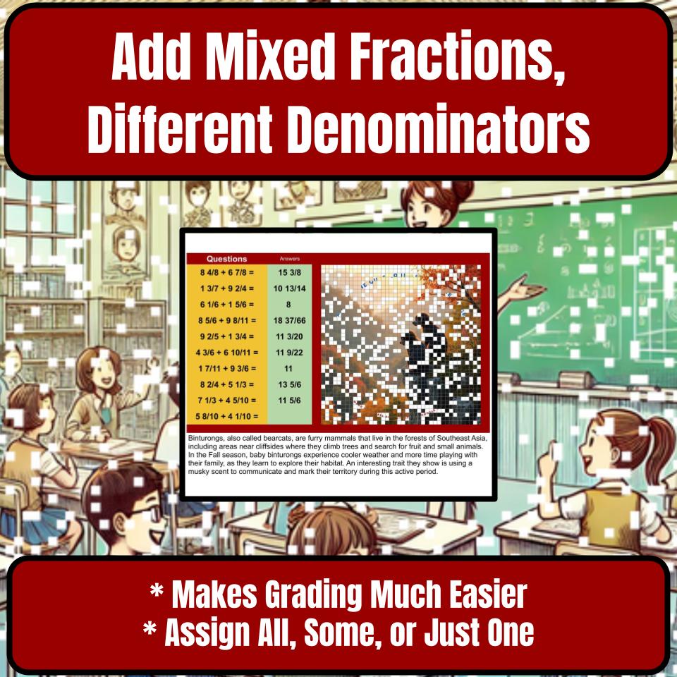 Add Mixed Fractions, Different Denominators Mystery Picture P0185