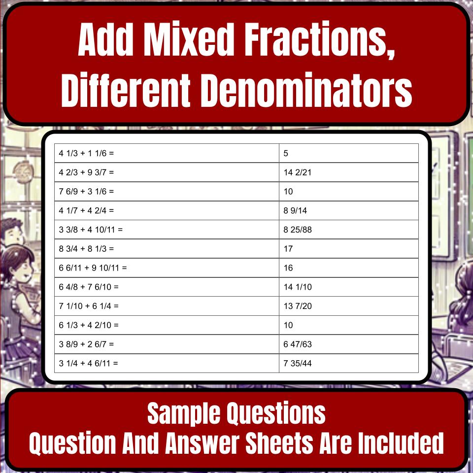 Add Mixed Fractions, Different Denominators Mystery Picture P0185