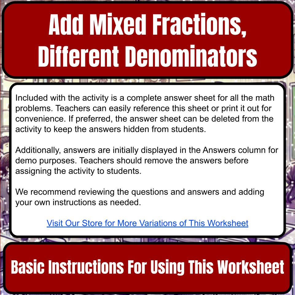 Add Mixed Fractions, Different Denominators Mystery Picture P0185
