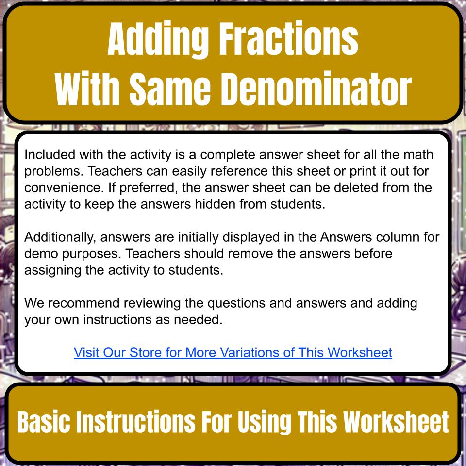 Adding Fractions With Same Denominator Mystery Picture P0187