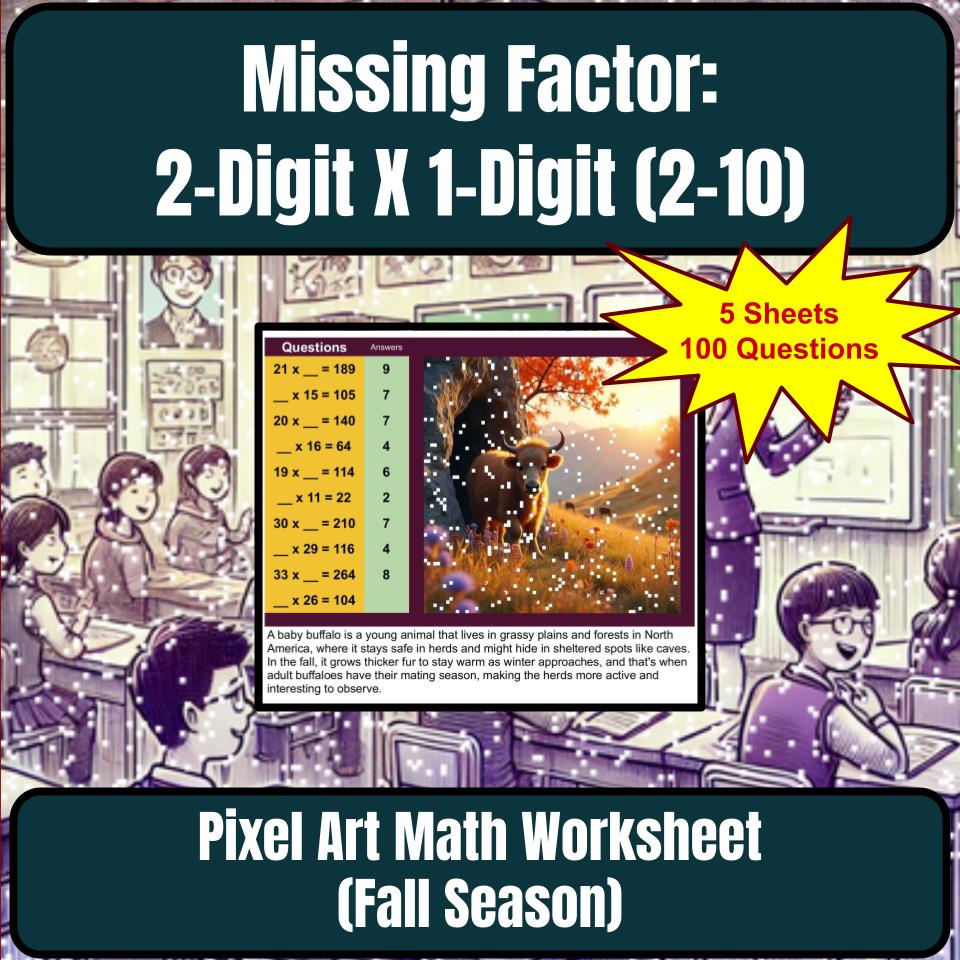 Multiply 2-Digit X 1-Digit, Missing Factor 2–10 Mystery Picture P0218