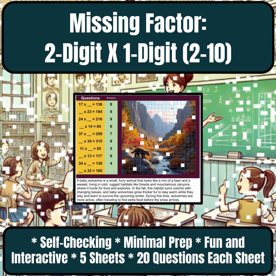Multiply 2-Digit X 1-Digit, Missing Factor 2–10 Mystery Picture P0218