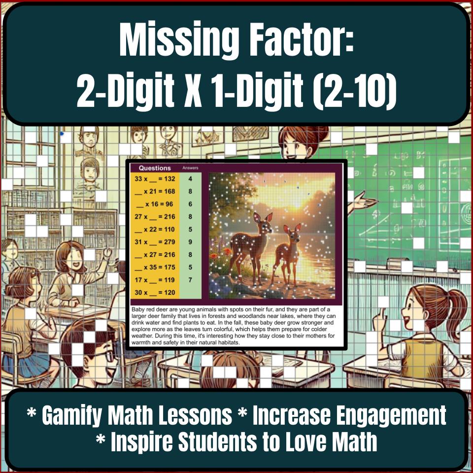 Multiply 2-Digit X 1-Digit, Missing Factor 2–10 Mystery Picture P0218