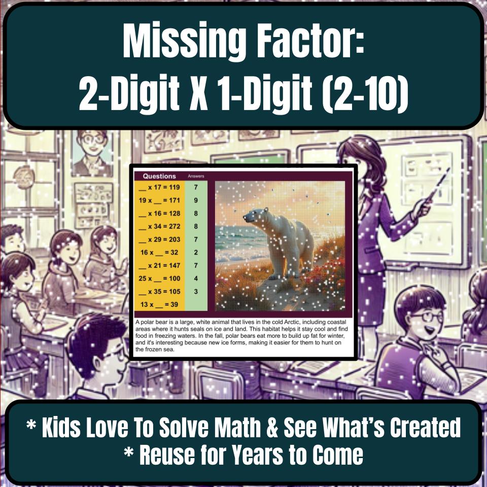 Multiply 2-Digit X 1-Digit, Missing Factor 2–10 Mystery Picture P0218