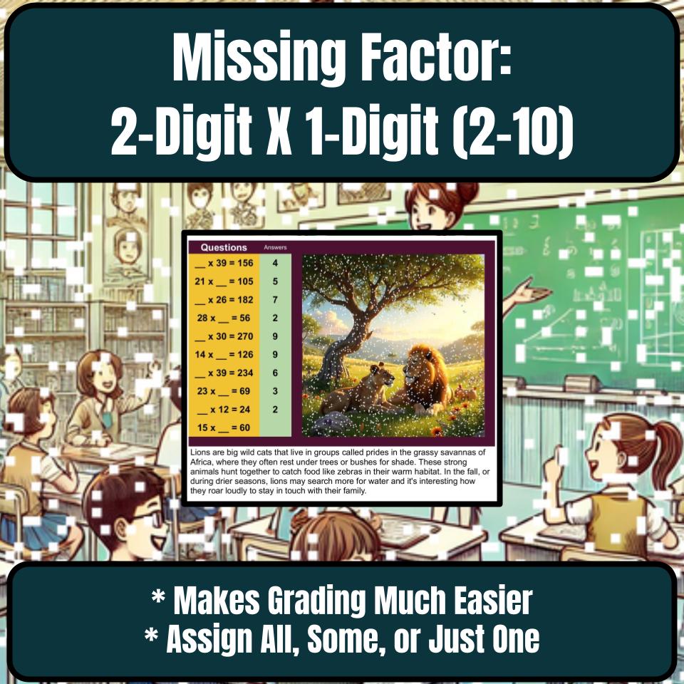 Multiply 2-Digit X 1-Digit, Missing Factor 2–10 Mystery Picture P0218