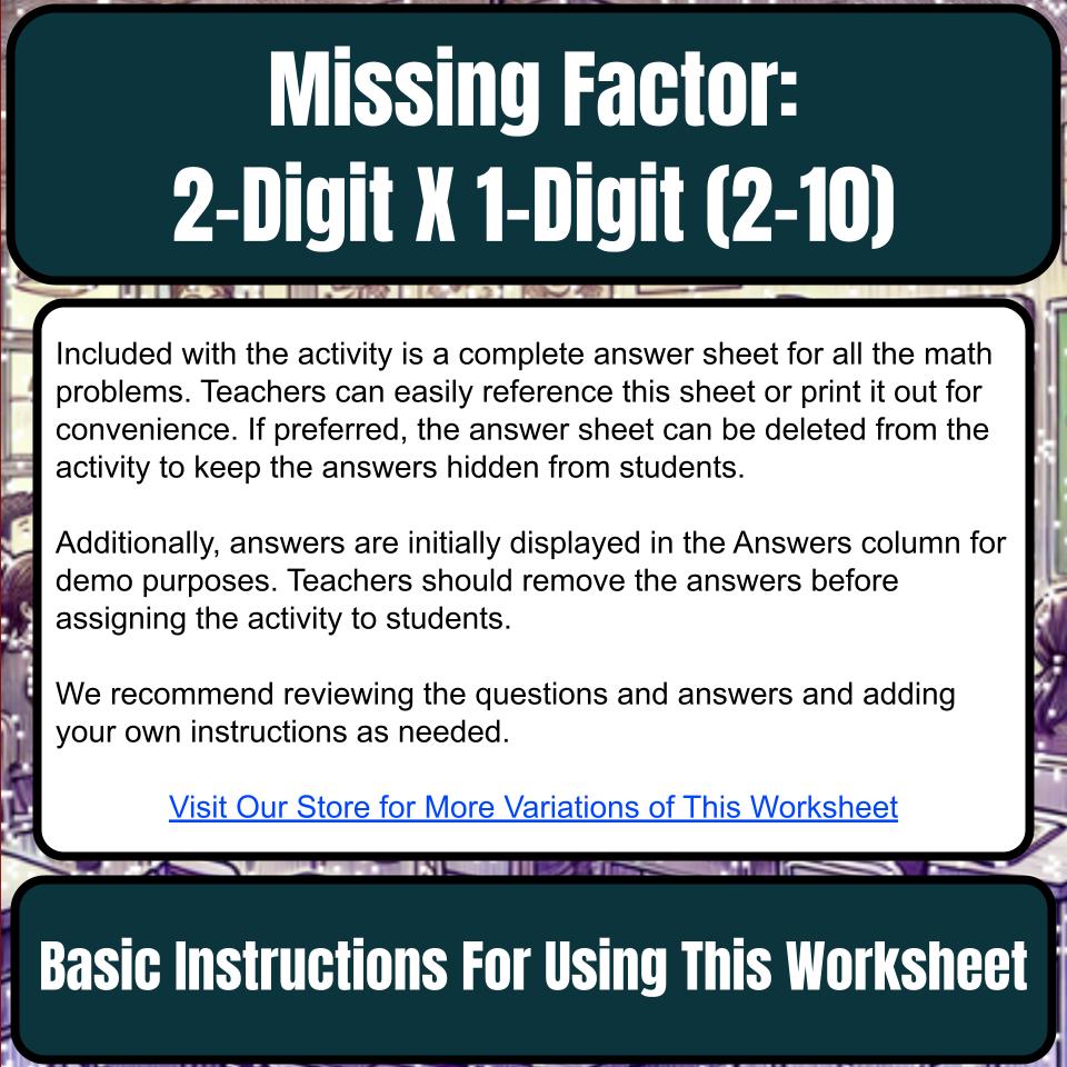 Multiply 2-Digit X 1-Digit, Missing Factor 2–10 Mystery Picture P0218