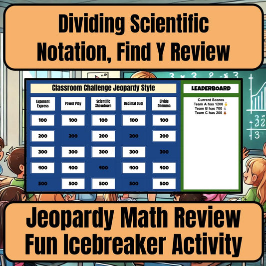 Jeopardy Dividing Scientific Notation, Find Y Math Review Activity I0023